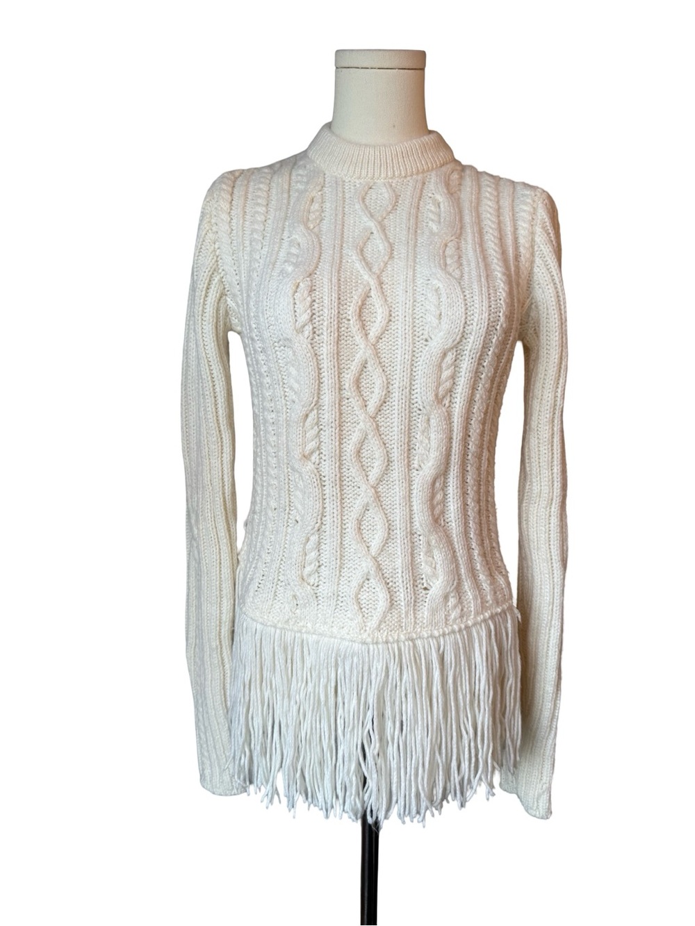 Tory Burch Cream Cable-Knit Fringe Turtleneck Sweater Size Small